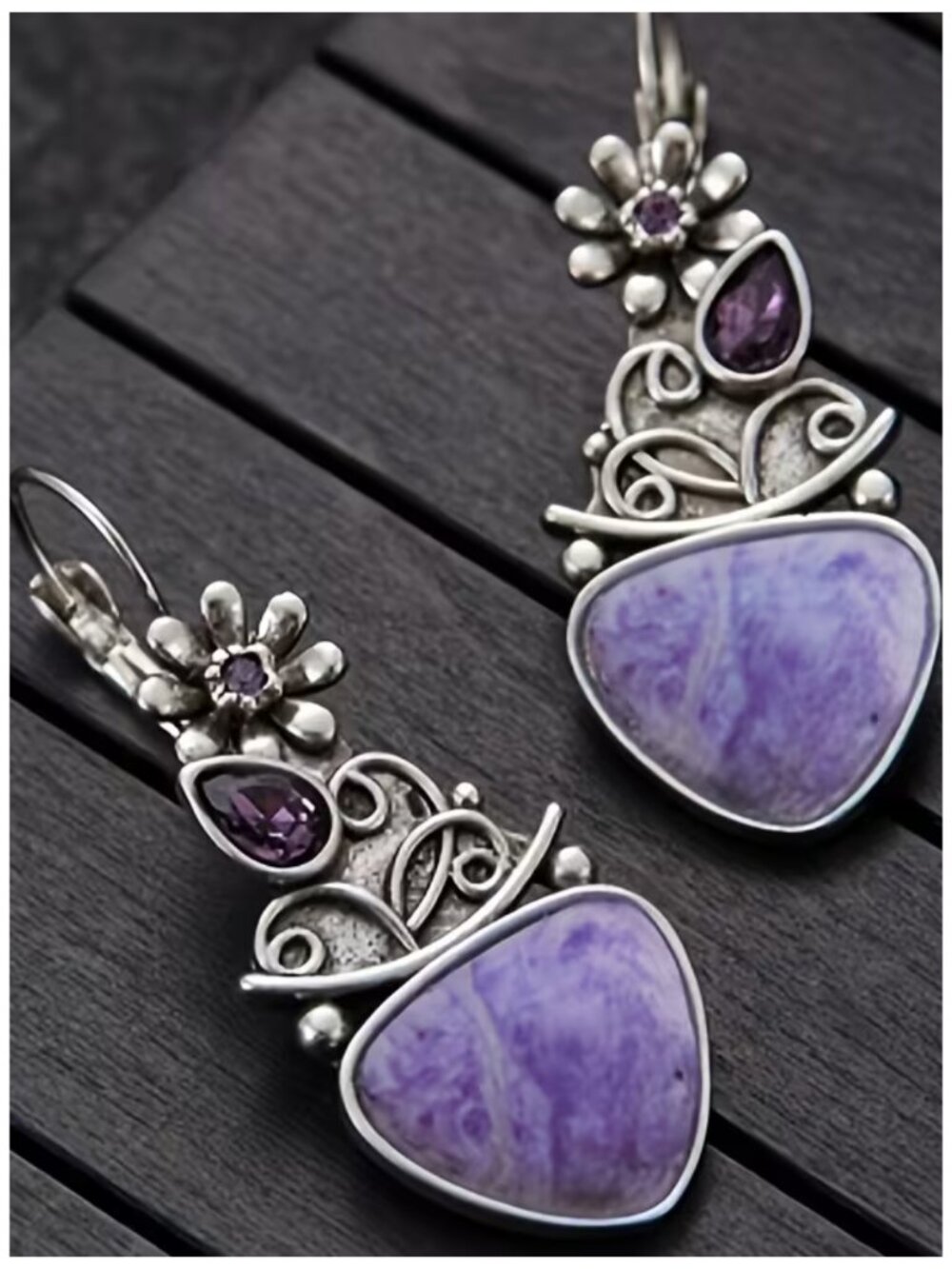 Boho Antiqued Floral Heart Pendant Earrings – Purple Rhinestone & Enamel Accents